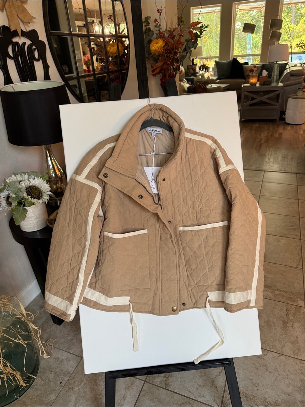 Polagram Quilted Beige Jacket with Cream Trim NWT